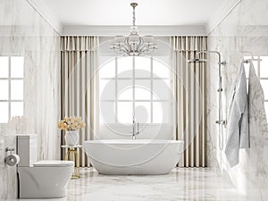 Luxury style bathroom with white marble tile 3d render,decorated with beige curtains.