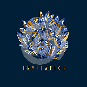 Luxury style blue and gold tropical invitation template