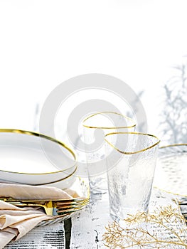 Luxury and stylish plates and glasses in bright sun light for breakfast, lunch or dinner.