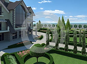 Luxury suburbia green design features, 3D Render