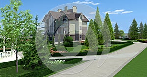 Luxury suburbia green design features, 3D Render