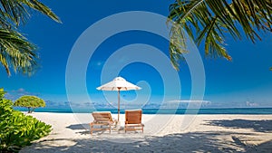 Luxury summer landscape, loungers with umbrella, palm trees near blue sea, tropical landscape