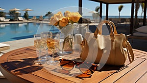 Luxury sunglasses on a table, summer relaxation generated by AI