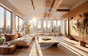 Luxury sunny interior design of modern living room with city view. Created with generative AI