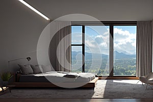 Luxury Sustainable Mid Century Modern Bedroom Interior with Linen Curtains and Mountain Nature Views
