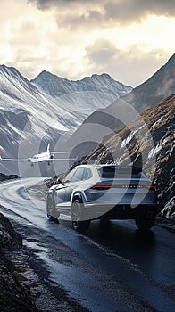 Luxury SUV Driving Through a Scenic Mountain Road photo