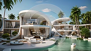 Luxury swimming pool in luxury hotel resort. 3d rendering, Luxury beach resort