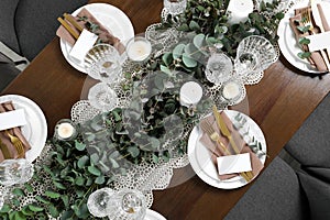 Luxury table setting with beautiful decor and blank cards, flat lay. Festive dinner