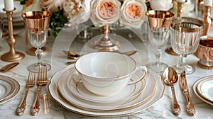 luxury table setting, sophisticated wedding decor rose gold cutlery fine china place settings on a marble table, perfect