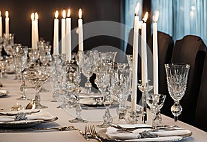 luxury table setting for wedding or another catered event dinner with fancy looking candles