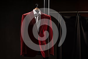 Luxury tailored velvet suit on hanger. Generative AI photo