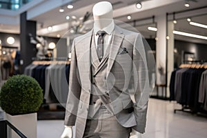 Luxury Tailoring Showcase of a Stylish Classic Suit on a Mannequin in a High-End Fashion Store