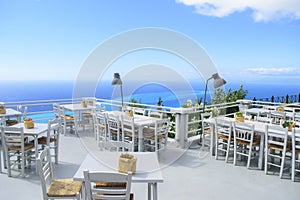 Luxury terrace balcony of exclusive seaside resort with fancy ta