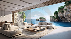 Luxury terrace with breath-taking view of the sea lagoon with crag. Minimalist elegant living room with big floor to window