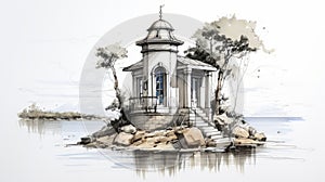 Luxury Tiny Home Sketch With Lighthouse On Lake
