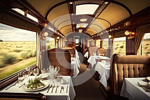 luxury train, with private cabins and dining car, cruising through the countryside