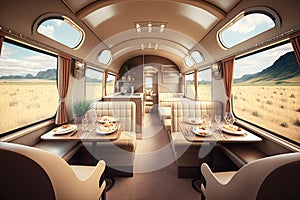 luxury train, with private cabins and dining car, cruising through the countryside