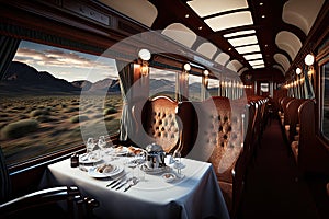 luxury train, with private cabins and dining car, cruising through the countryside