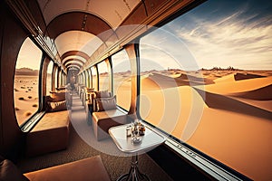 luxury train, with view of endless desert sands, in the middle of journey