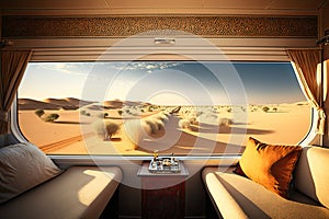 luxury train, with view of endless desert sands, in the middle of journey