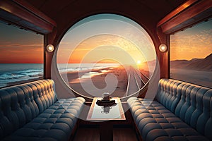 luxury train, with view of sunrise over the ocean, during long trip across continent