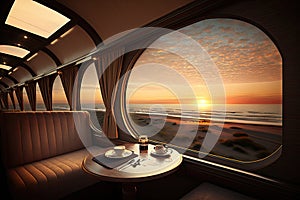 luxury train, with view of sunrise over the ocean, during long trip across continent