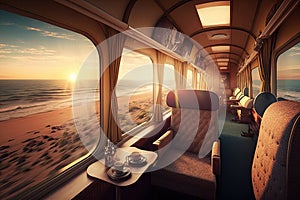 luxury train, with view of sunrise over the ocean, during long trip across continent