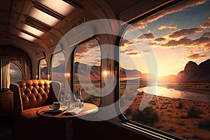 luxury train, with view of the sunset, during long journey