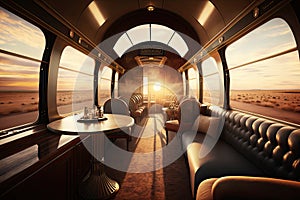 luxury train, with view of the sunset, during long journey
