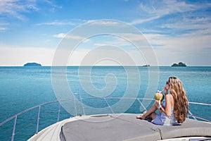 luxury travel, woman relaxing on luxurious boat yacht