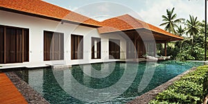 Luxury with tropical Jungle villa resort luxurious swimming pool. Generative AI illustration