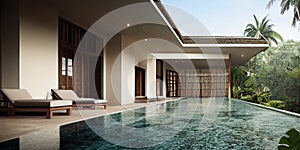 Luxury with tropical Jungle villa resort luxurious swimming pool. Generative AI illustration