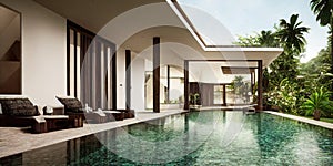 Luxury with tropical Jungle villa resort luxurious swimming pool. Generative AI illustration