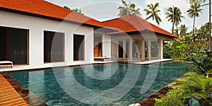 Luxury with tropical Jungle villa resort luxurious swimming pool. Generative AI illustration