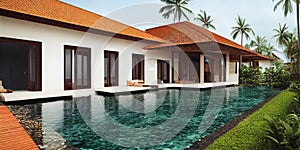 Luxury with tropical Jungle villa resort luxurious swimming pool. Generative AI illustration