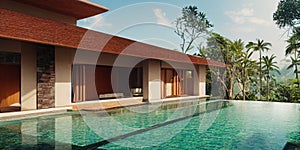 Luxury with tropical Jungle villa resort luxurious swimming pool. Generative AI illustration