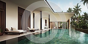 Luxury with tropical Jungle villa resort luxurious swimming pool. Generative AI illustration