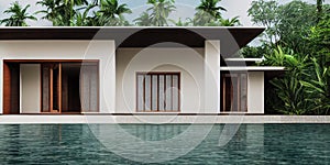 Luxury with tropical Jungle villa resort luxurious swimming pool. Generative AI illustration