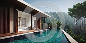 Luxury with tropical Jungle villa resort luxurious swimming pool. Generative AI illustration