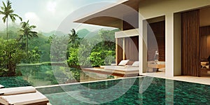 Luxury with tropical Jungle villa resort luxurious swimming pool. Generative AI illustration