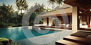 Luxury with tropical Jungle villa resort luxurious swimming pool. Generative AI illustration