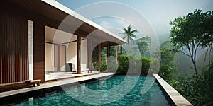 Luxury with tropical Jungle villa resort luxurious swimming pool. Generative AI illustration