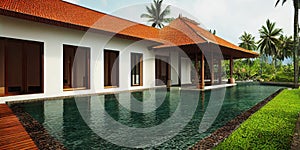 Luxury with tropical Jungle villa resort luxurious swimming pool. Generative AI illustration