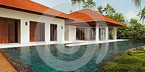 Luxury with tropical Jungle villa resort luxurious swimming pool. Generative AI illustration