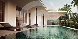 Luxury with tropical Jungle villa resort luxurious swimming pool. Generative AI illustration