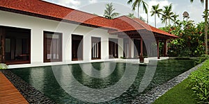 Luxury with tropical Jungle villa resort luxurious swimming pool. Generative AI illustration