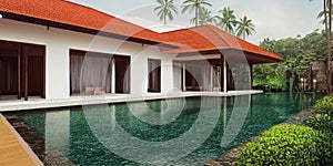 Luxury with tropical Jungle villa resort luxurious swimming pool. Generative AI illustration