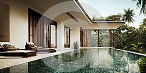 Luxury with tropical Jungle villa resort luxurious swimming pool. Generative AI illustration