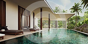 Luxury with tropical Jungle villa resort luxurious swimming pool. Generative AI illustration