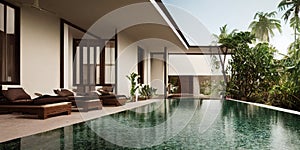 Luxury with tropical Jungle villa resort luxurious swimming pool. Generative AI illustration